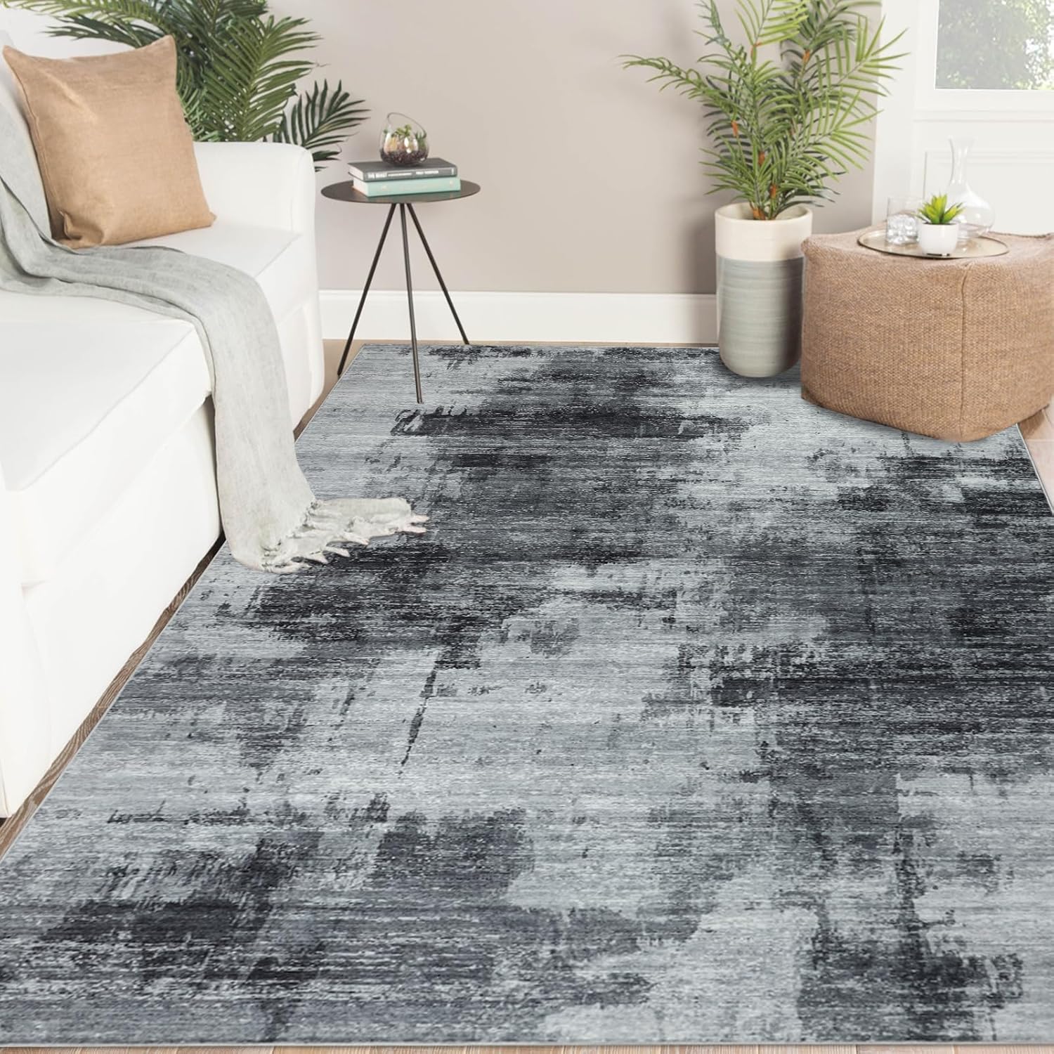 1pc Grey Abstract Rug Living Room 160 X 230 Cm Washable Rug Non-slip Rugs Bedroom Low Profile Floor Rug Mat For Dining Room Office Kitchen Playroom