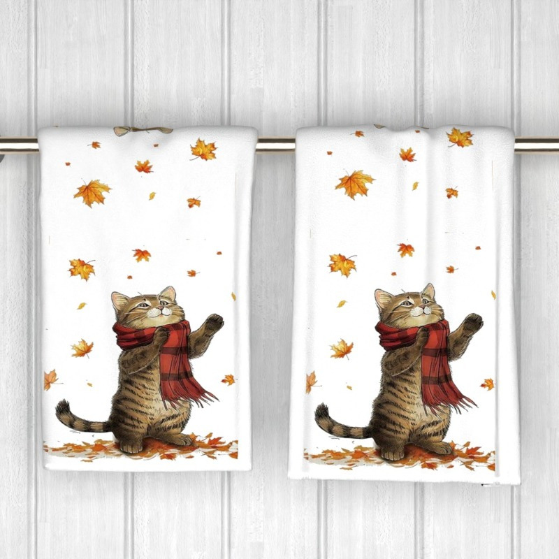

2pcs Autumn Cat Towel Set, 18x26" Woven Polyester Kitchen & Bath Towels, Super Soft, Machine Washable, Contemporary Style, Space-themed, Oblong, With Decorative Cat Print For Cat Lovers