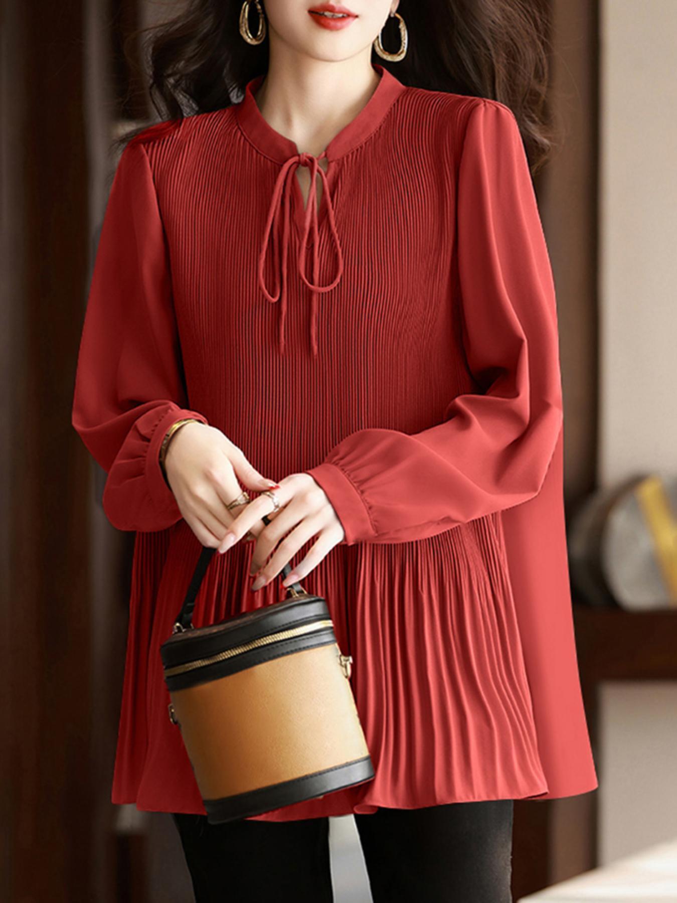 plus size   womens elegant pleated long sleeve blouse with stand collar lace up detail lightweight olive   for   plus size casual to dressy machine washable shirt elegant long sleeve button blouses casual attire nontransparent fabric   red 1