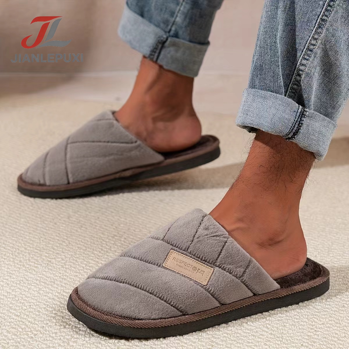 Image of Fashion New Wide Toe Cozy Silent Indoor Slippers, Fuzzy Lined Non-slip Bedroom House Slides