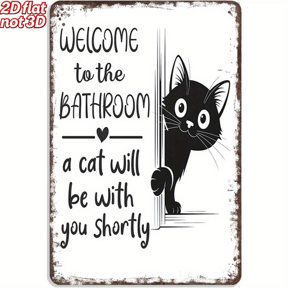 TEMU 2d Flat, [2d Flat] 1pc 2d Flat 8*12in Plaques&wall Art Outdoor Decor Metal Sign Iron Material 8in*12in Funny Black Cat Welcome Sign For Bathroom