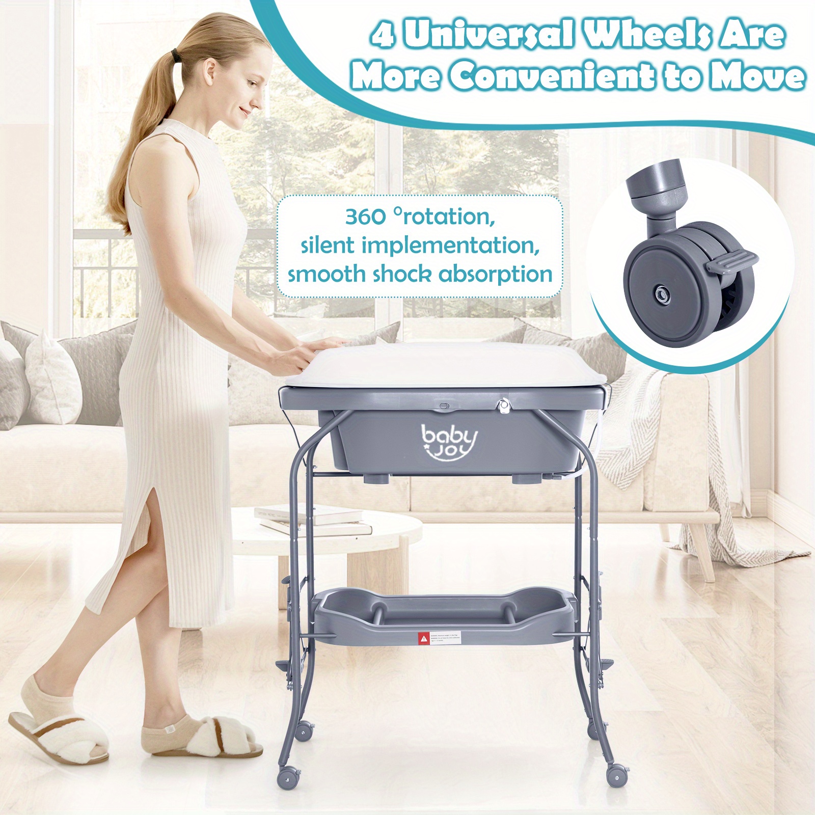 Grey COSTWAY 2-in-1 Folding Changing & Bathtub Table Mobile Nursing Station w/ Lockable Wheels & Storage Basket - Image 7