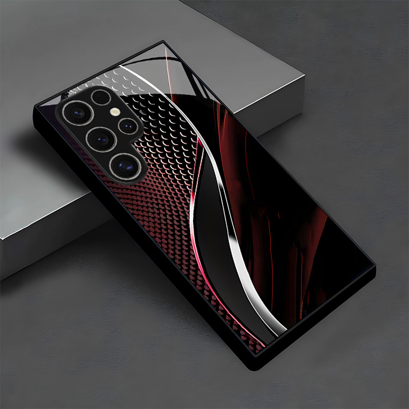 E-shop Handyhülle: Kreative unregelmäßige Glas-Handyhülle mit roter schwarzer Linien-Textur Wellenmuster für for Samsung Galaxy S26/S25/S25 Plus/S25