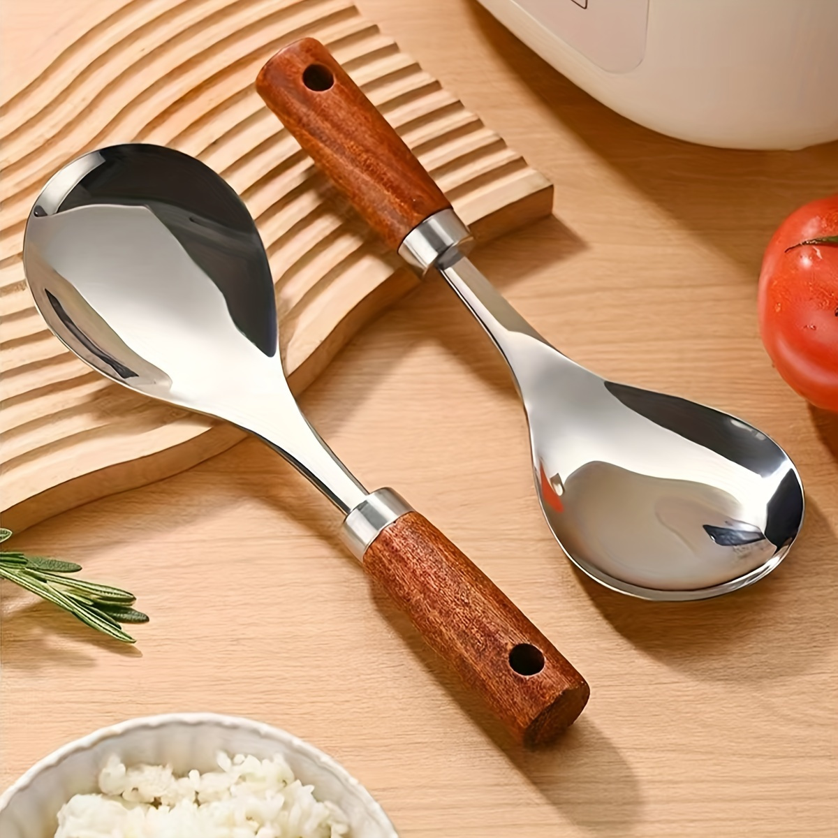 

Stainless Steel Rice Spoon With A Wooden Handle, Heat-resistant, Suitable For Home Kitchen Utensils, Serving Spoon For .