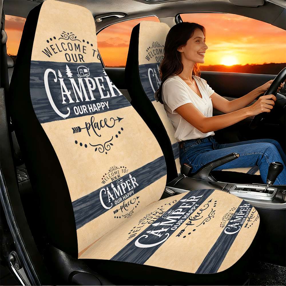 TEMU Set Of 2 Car Seat Covers That Say 'welcome To Our Happy '. Designed For Front Seats With A High Back, Made From Polyester, Covers Fit Cars, Suvs