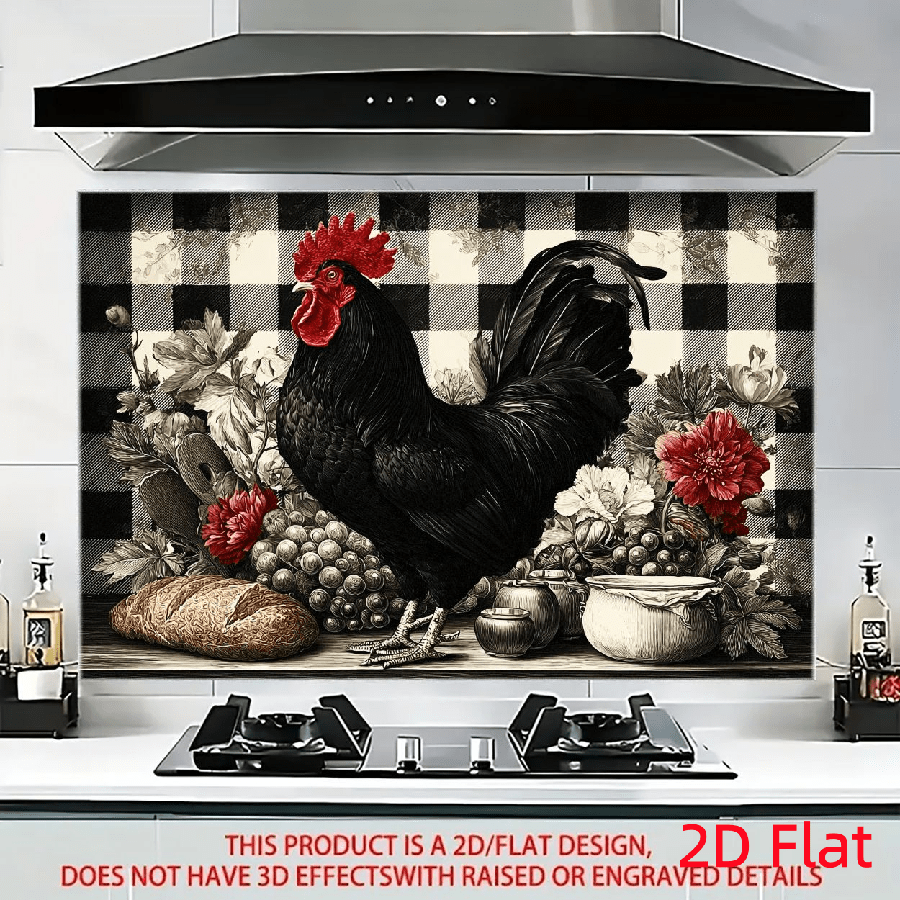 2d Flat 1pc Vintage Rooster & Gingham Kitchen Wall Sticker, Farmhouse Decor Backsplash Decals, Waterproof Oil-resistant Peel And Stick For Stove Restaurant, 2d Flat