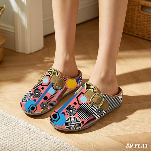 vibrant retro geometric pattern womens clogs and mules abstract print on pink base with circles and striped shapes in multiple sizes stylish casual shoes for daily wear and indoor outdoor activities women shoes