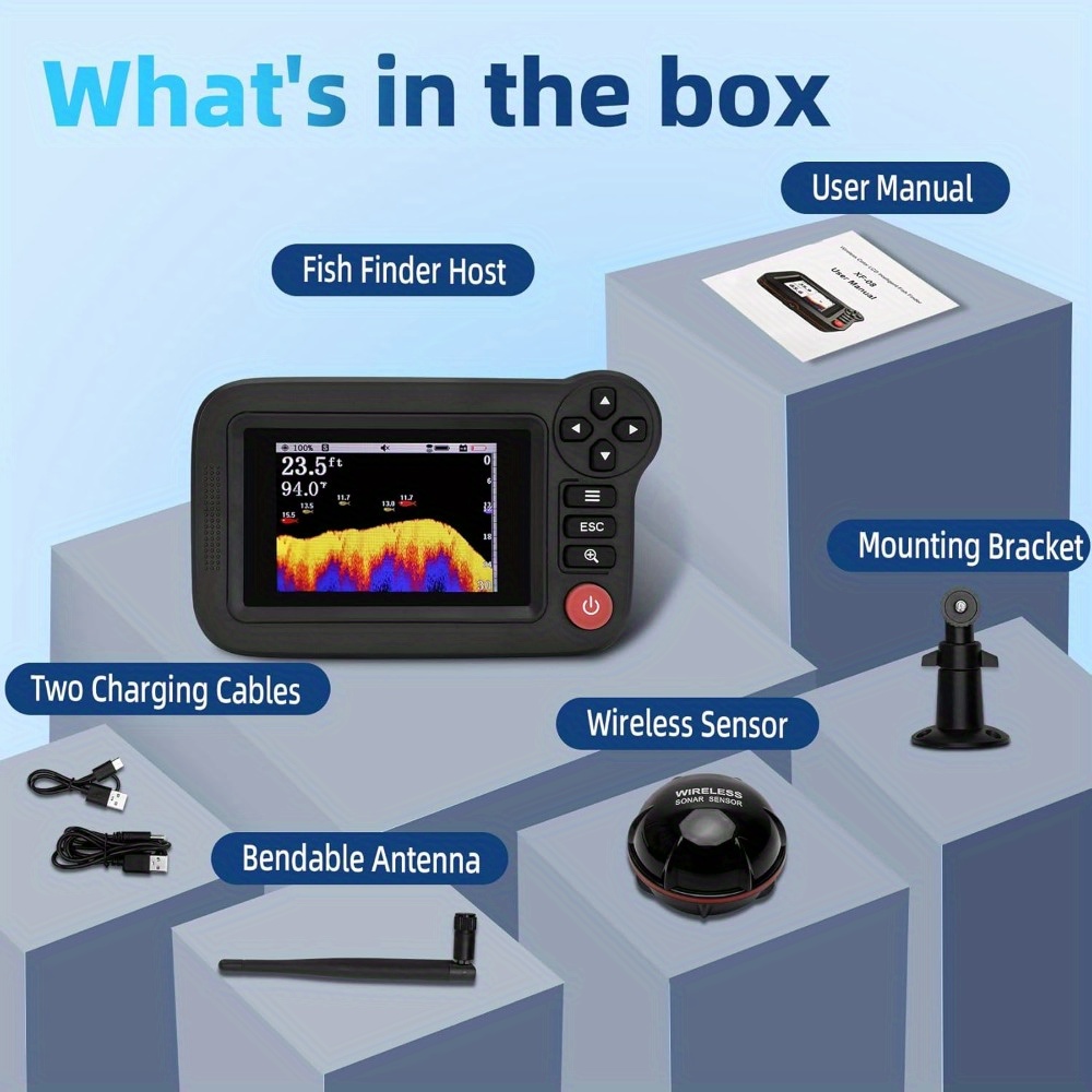 TEMU Latest Portable Sonar Fish Finder, Rechargeable Wireless Fish Finder, Finder With 105 Degree Beam Angle And Tft Lcd Screen, 2.6-164 Feet Boat