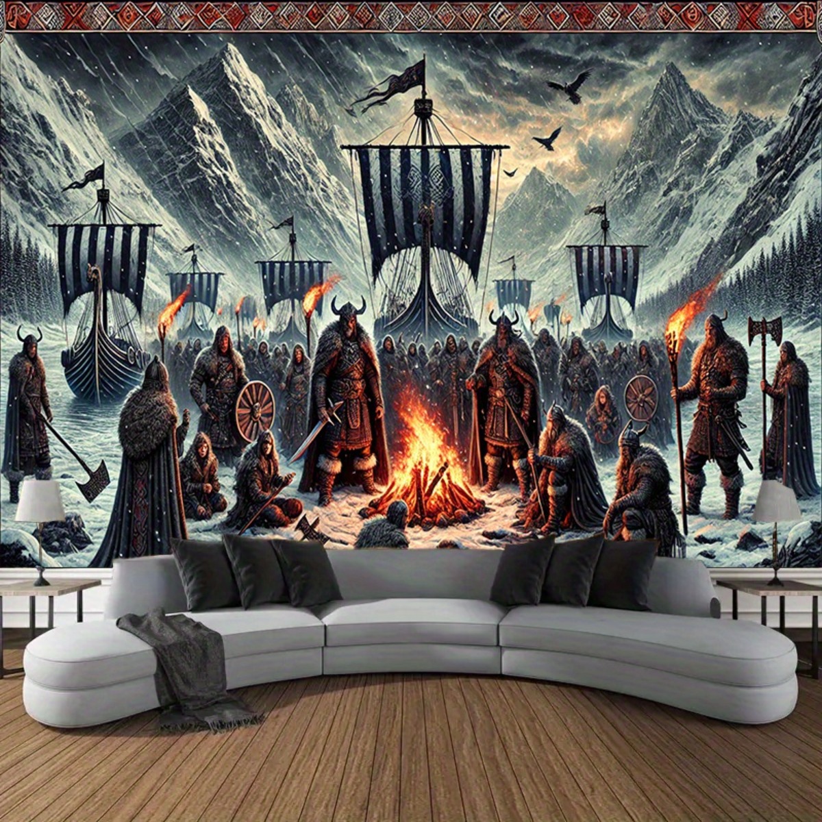 TEMU 1pc Oversized 243. 84x182. 88cm Norse Warriors Tapestry - Durable Polyester Fiber Wall Hanging, Intricate Scene Decor For Living Room, Bedroom,