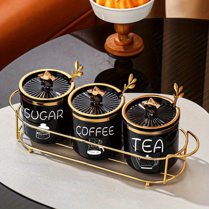 TEMU 1set (1 Rack, 3 Cans, 3 Spoons) Plastic Sugar Cans, Candy Cans, Food Storage Cans, Food Cans, Storage Cans, Decorative Cans, Sealed Cans, Living