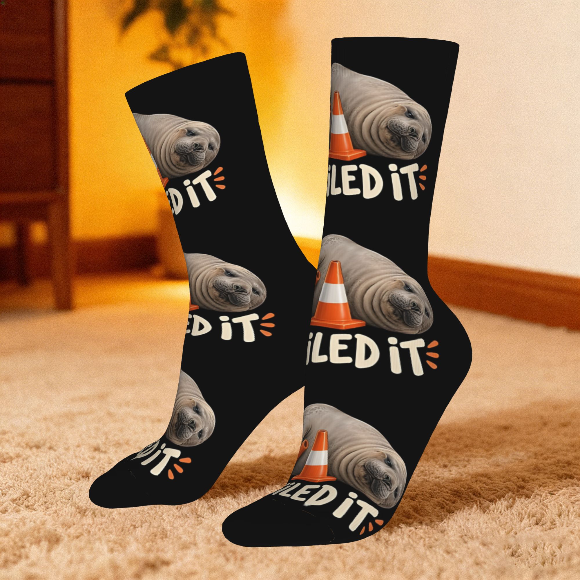 TEMU 1 Pair Hip Hop Vintage Neil The Seal Crazy Men's Compression Socks Unisex Harajuku Pattern Printed Funny Novelty