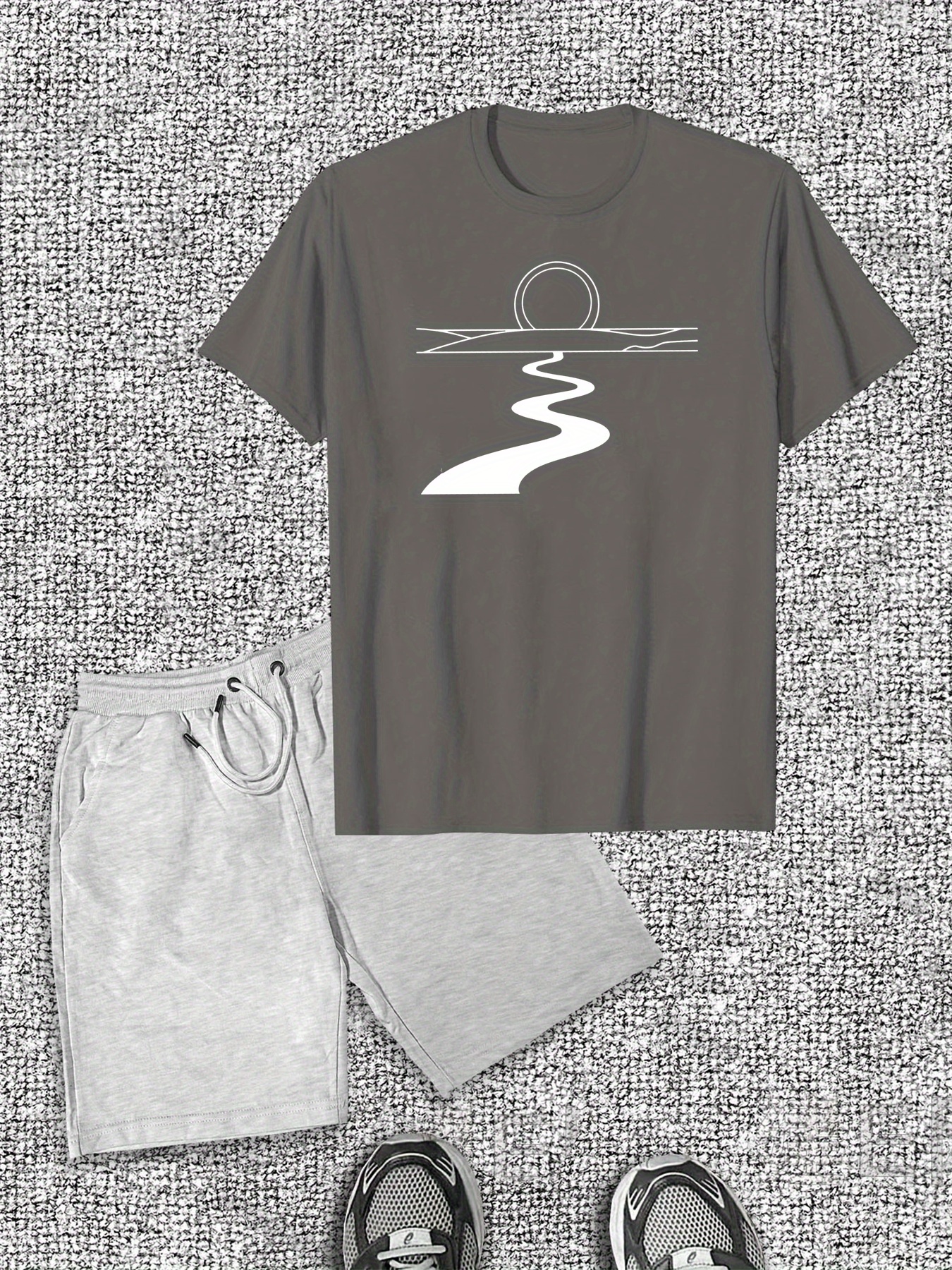 Men'S Casual River Pattern Short Sleeve T-Shirt and Shorts Set, Cotton Crew Neck Tee with Slight Stretch, Solid Color Summer Outfit for Casual Attire, Casual Summer Wear|Minimalist Design|Comfortable Fit