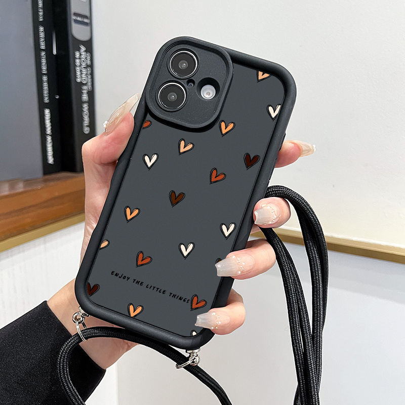 TEMU Phone Case: Fashion Item Colored Heart Pattern Lanyard Phone Case For Iphone 16 15 14 13 12 11 Pro Max Xs Xr 7 8 Se2 Se3 Shell Fj01