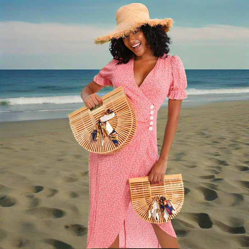 bamboo half moon handbag two tone ribbon bow season boho Temu