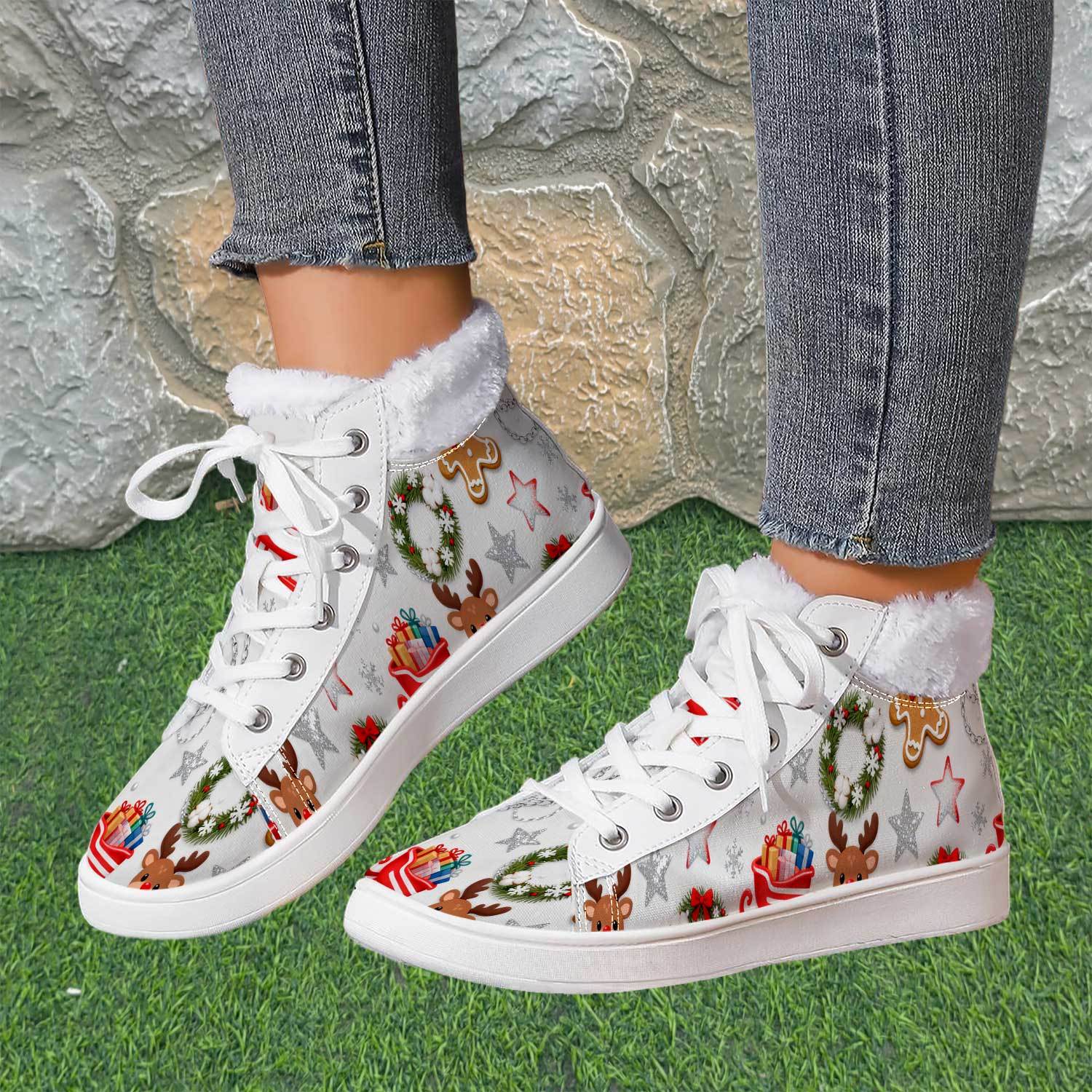 Men's Christmas Winter Boots with Reindeer & Snowflake Print - High-Top Ankle, TPR Sole & Durable Fabric Upper (Red/Green/Brown) - All-Season Casual Snow Boots for Holiday Parties, Xmas Outfits & Ice Traction - Festive Reindeer Antlers