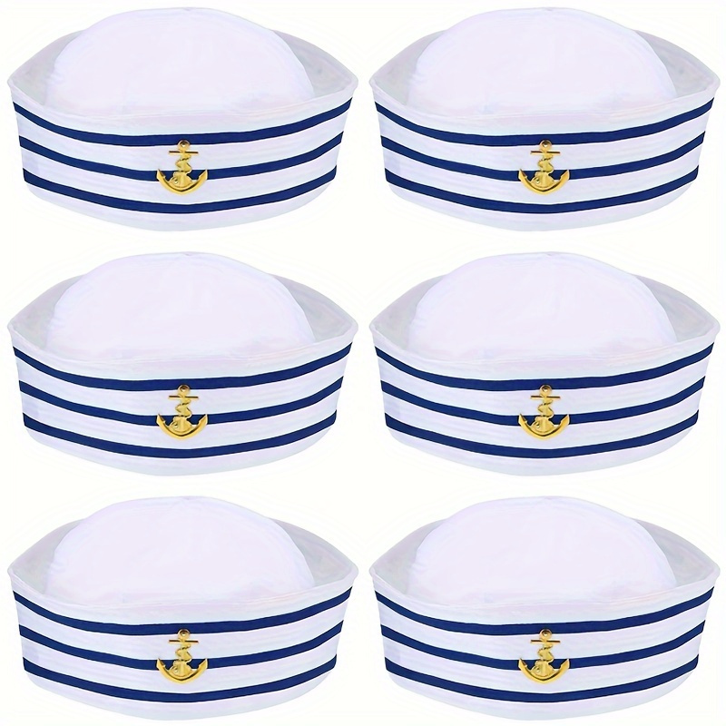 6pcs Blue Striped Sailor Hat Set, Yacht Naval Cap, Summer Cruise Holiday Party Hat