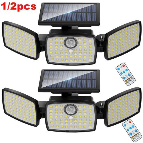 1 2pcs solar outdoor lights 358led security lights with remote control motion sensor lights ip65 waterproof 270 wide angle flood wall lights with 3