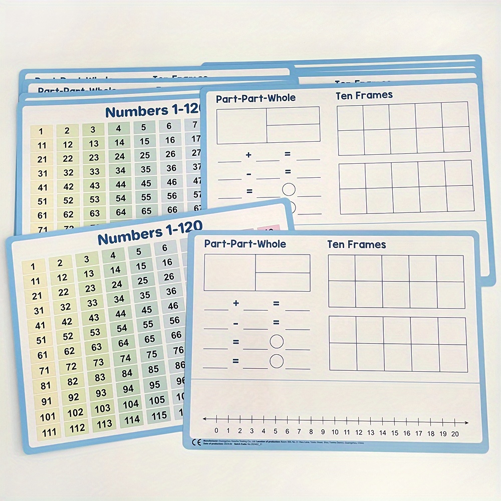 10-Pack Math Manipulatives Set for K-2 (Ages 5-8) - Dry Erase Double-Sided Wipe Clean Boards 1-120 with Ten Frames, Number Lines & Counting Practice, Teacher-Approved Classroom/Homeschool Must Haves