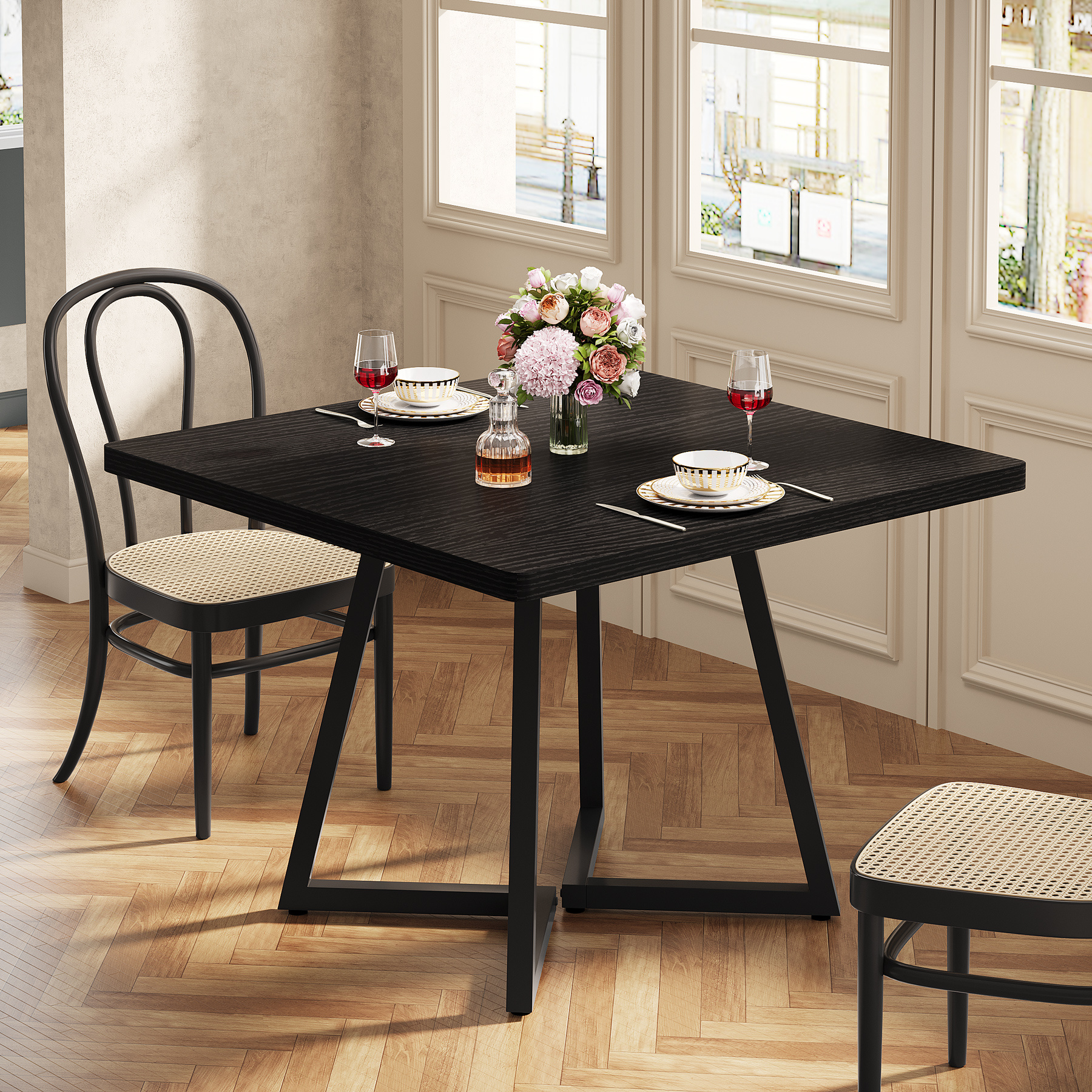 Square Dining Table For 4, 80cm, Industrial Dining Table With Metal Legs, Wood Kitchen Table For Dining Room, Small Space, Apartment, Black