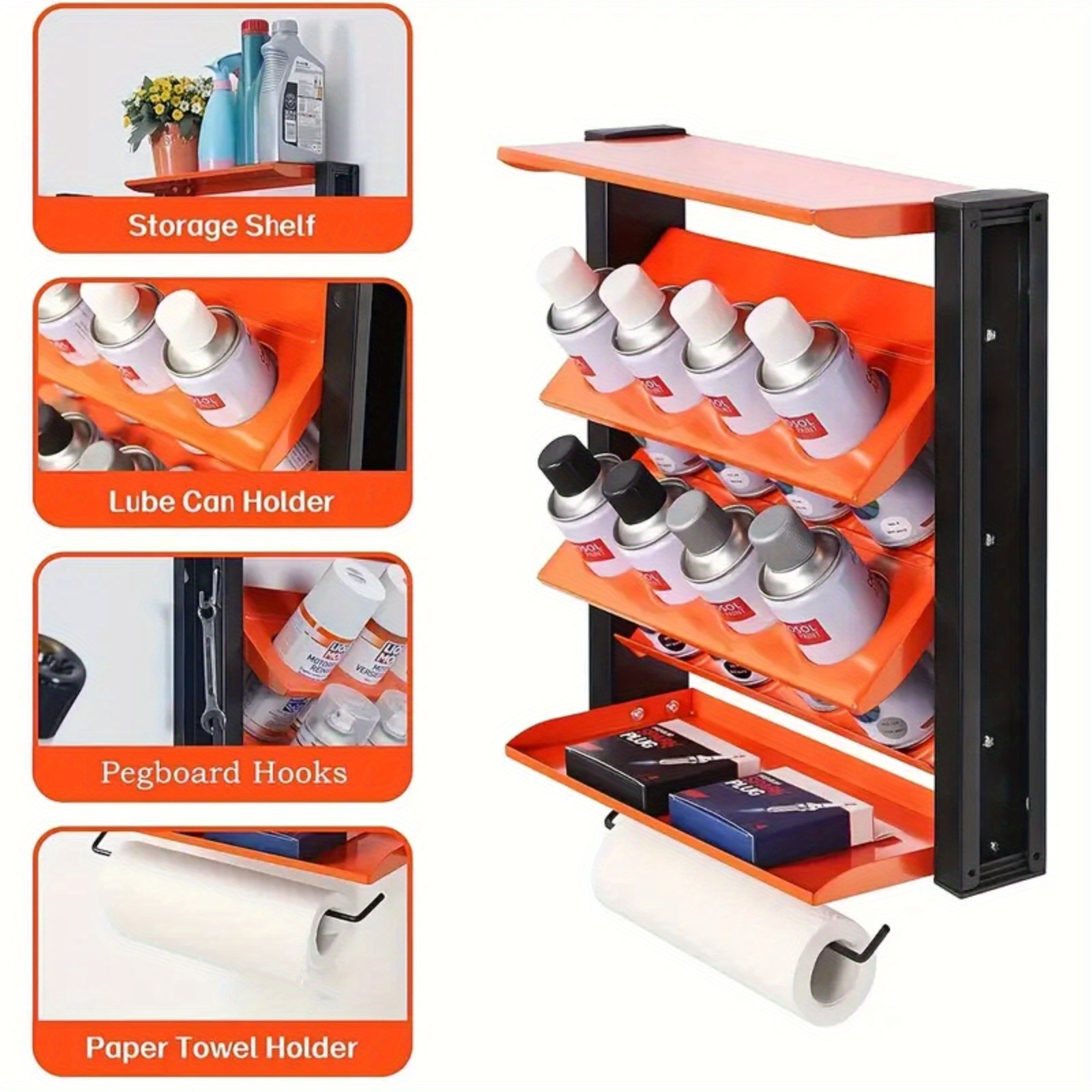 Image of Sturdy Steel Garage Storage Shelf With | Wall-installed Organizer For Spray Cans Supports 45 Kg, Includes Paper Towel Holder And Multiple Compartments