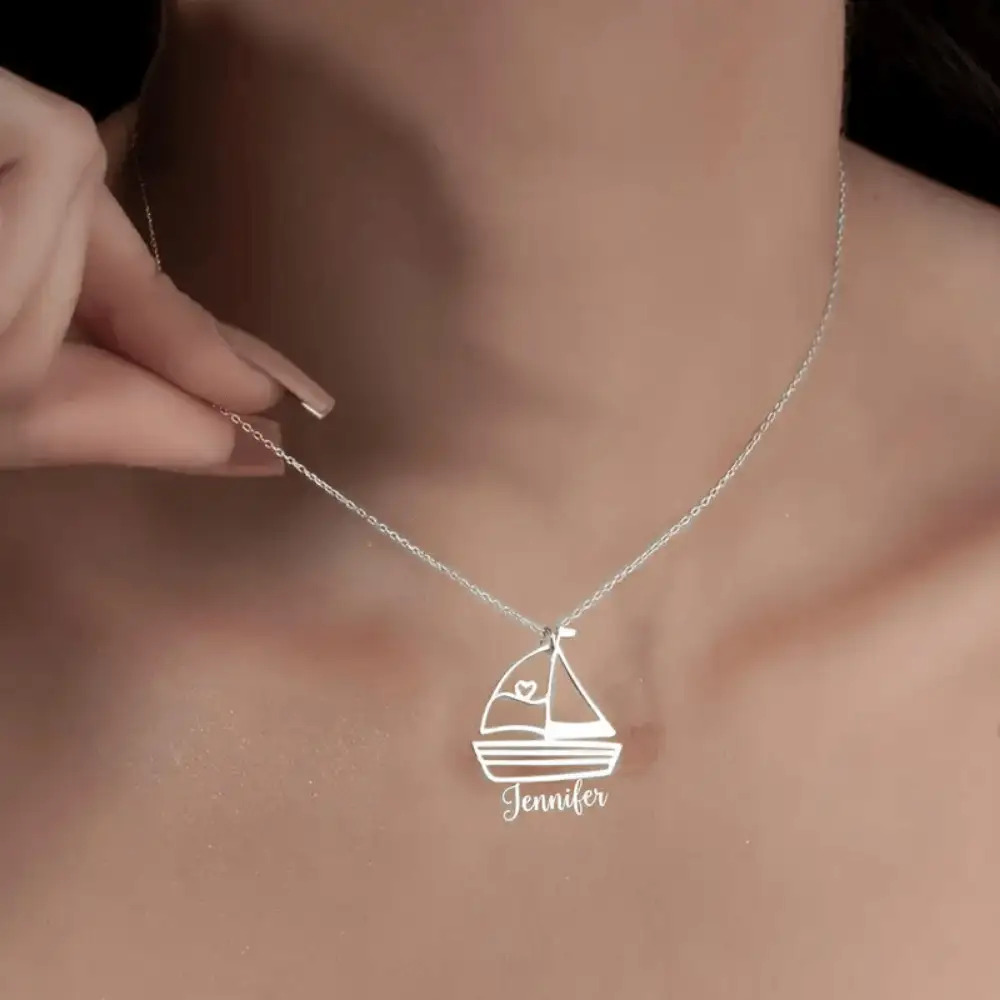 TEMU A Personalized Sailing Boat Necklace - Custom Name/initials, Elegant Jewelry Made Of 201 201 201 201 201 Stainless Steel With Golden Plating,