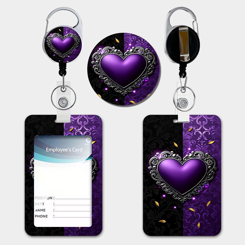 TEMU Purple Heart-shaped Metal Frame Vintage Pattern Holder Set With Pull-tab Retractable Lanyard And Keychain, Durable Plastic Card Holder. Suitable