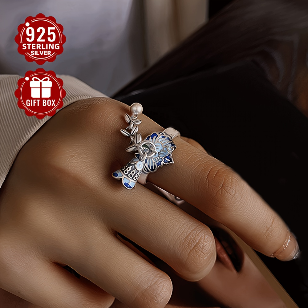 S925 Open Ring Epoxy Wheat Sheaf Flower Tassel Bell Retro Women's Ring