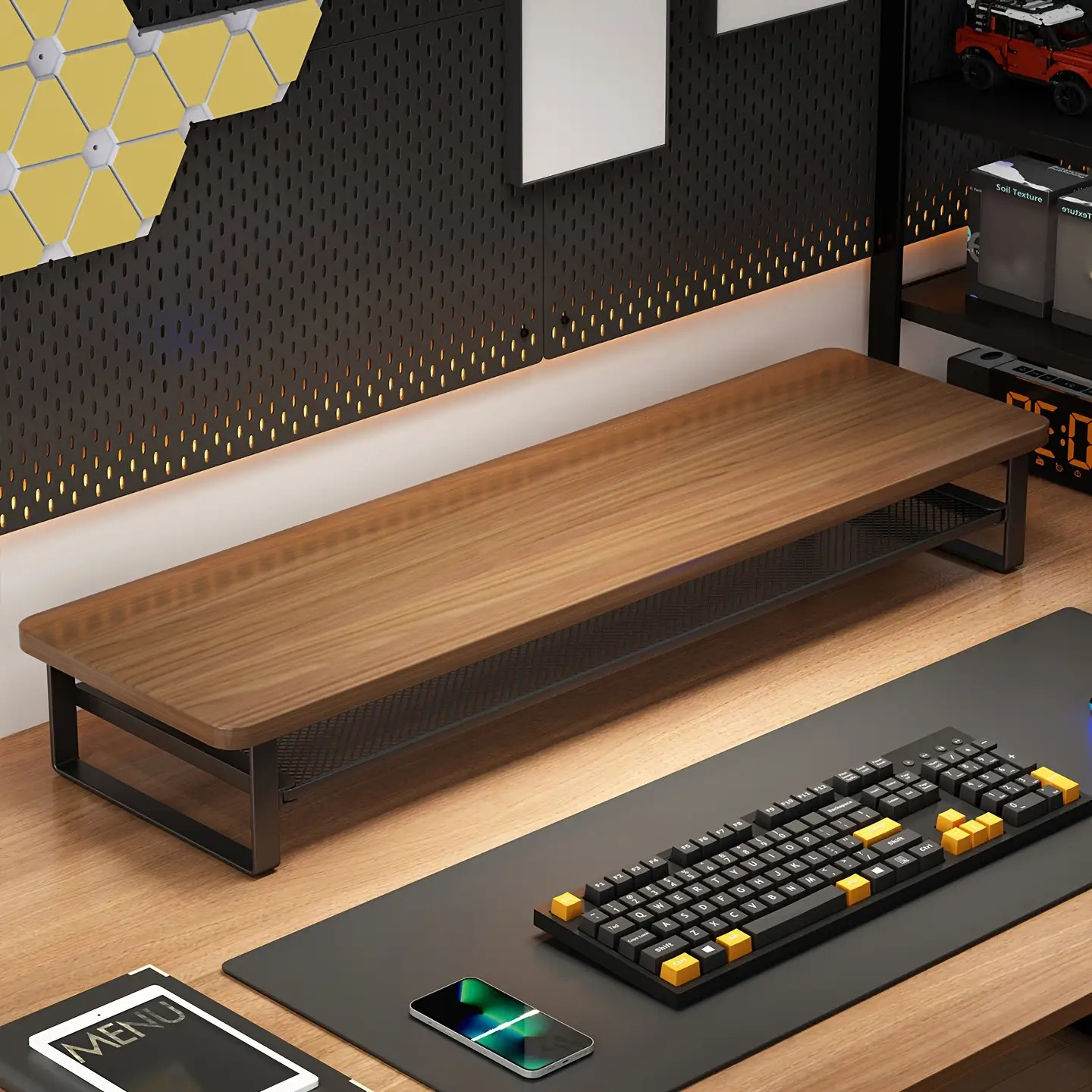 Modern Monitor Riser Stand with Easy-Pull Drawer & Multi-Color Options - 27.56x8.66inch Iron Frame Desktop Organizer, Sleek Minimalist Design for Home Office, Gaming Setup, Durable Metal Construction, Home Office Accessory, Minimalist Desk Accessory, Sturdy Construction