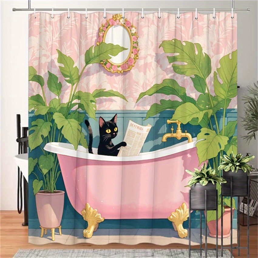 E-shop Schwarze Katze in Rosa Krallenfußbadewannen-Duschvorhang Schwarze Katze mit gelben Augen, die Zeitung liest, in Vintage Rosa