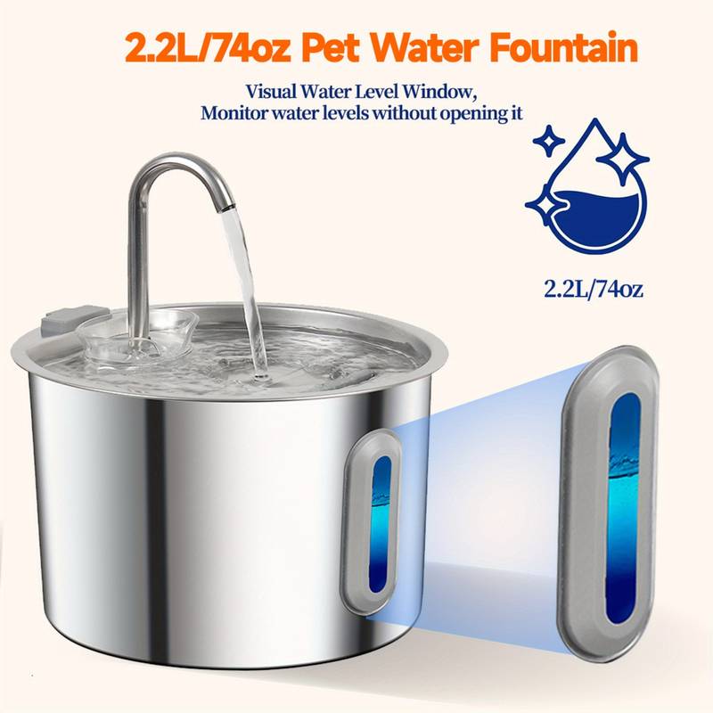 Automatic Stainless Steel Pet Water Fountain – 74oz / 2.2L, USB Port, For Dogs & Cats