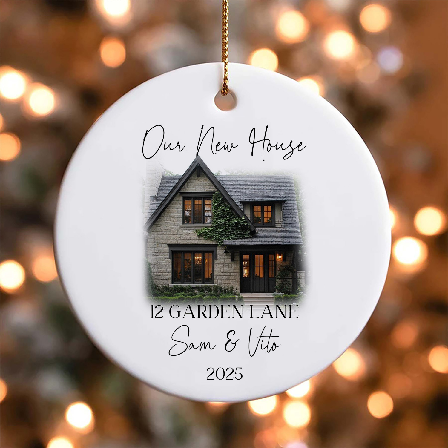 TEMU Ornement rond en céramique personnalisé - Photo et nom de maison personnalisables, Design "Notre nouvelle maison" avec illustration de cabane,