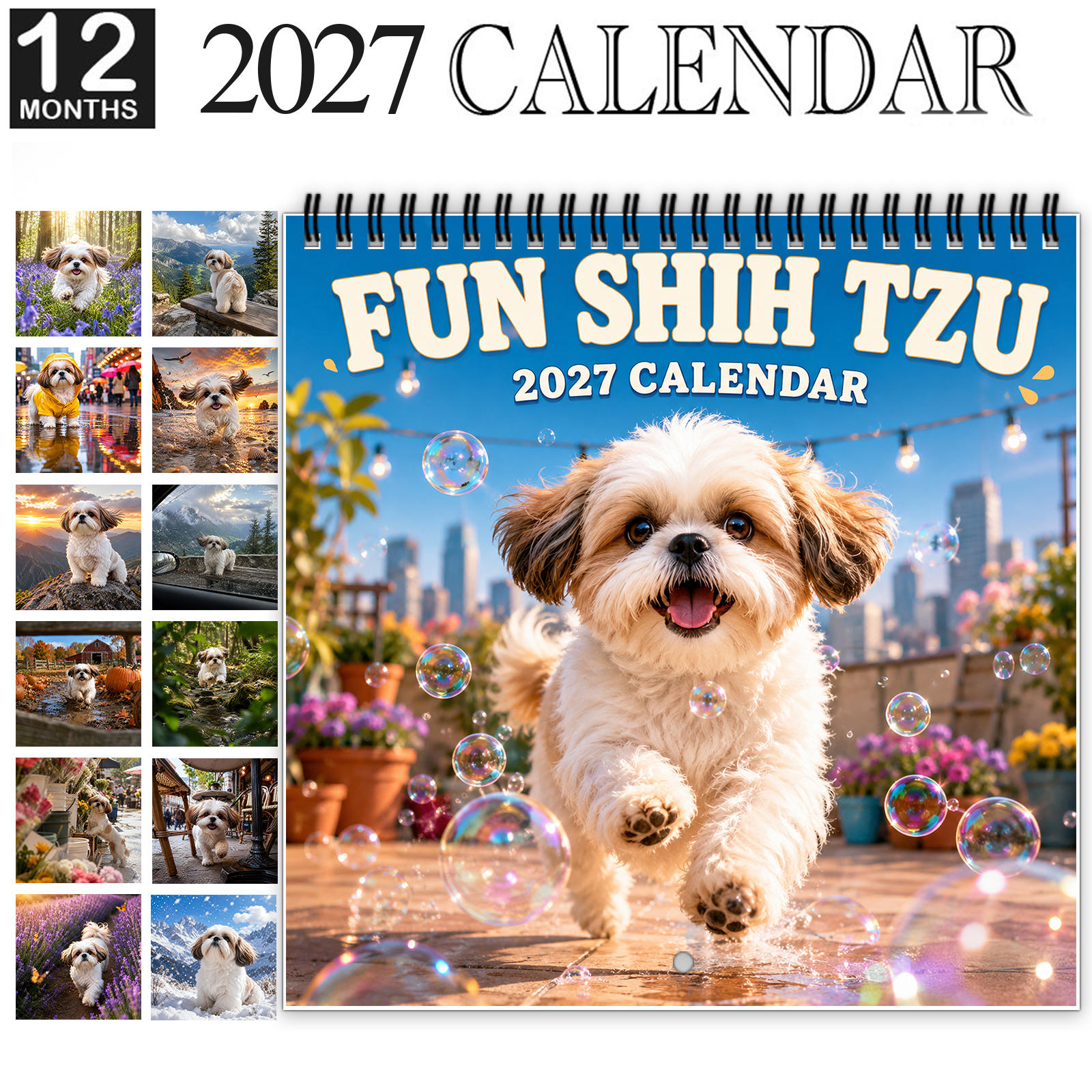 TEMU 1 pièce Calendrier mural amusant Shih Tzu 2027, calendrier de 12 mois pour chien à reliure spirale avec grand espace pour écrire les dates,