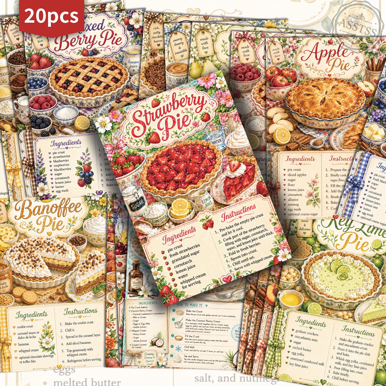 TEMU 20-pack Asstss Vintage Fruit Pie Recipe Postcards Suitable For Scrapbooking & Crafting - Retro Pinup Recipe Cards With Personalizable Retro Junk