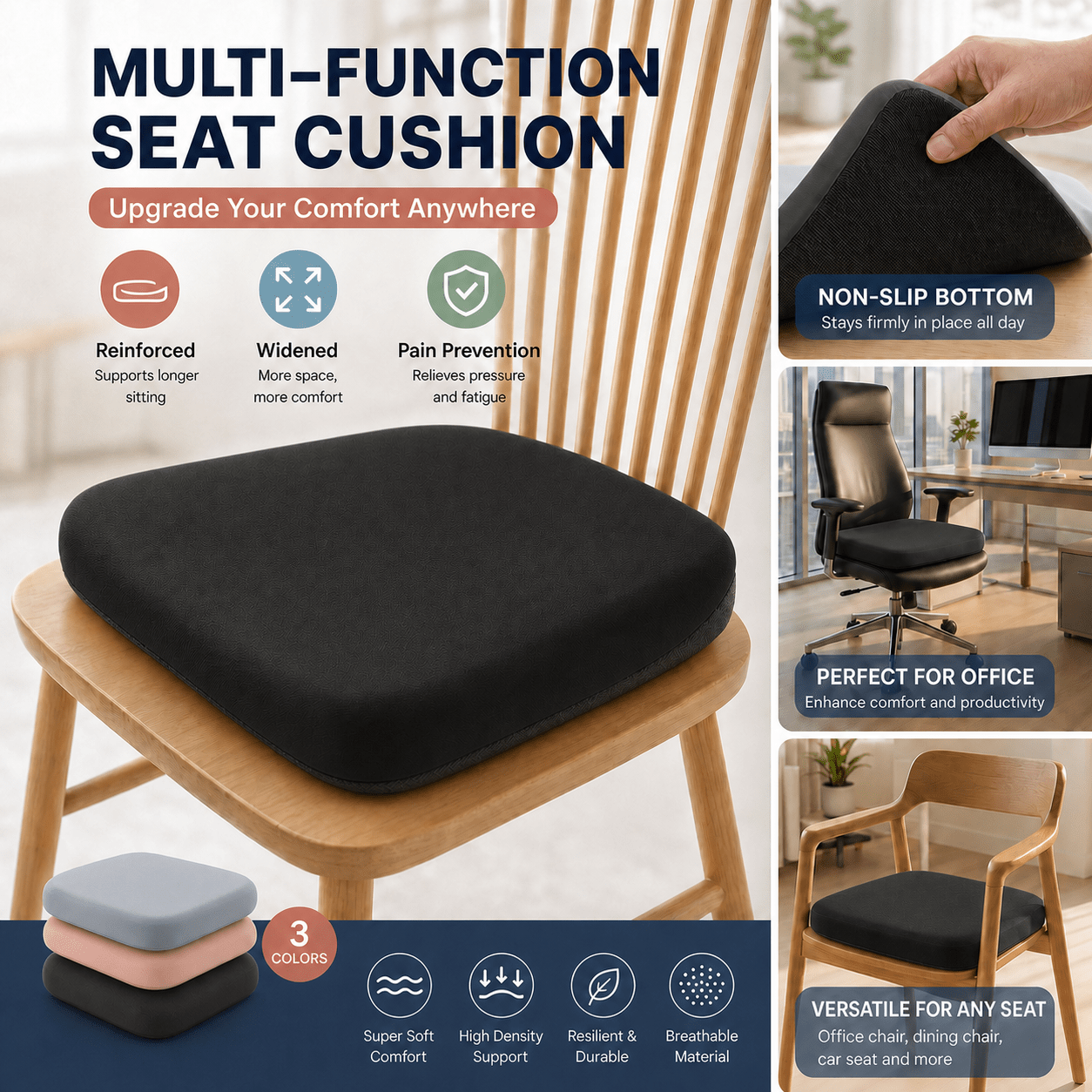 TEMU 1/2pc Cushion Seat, Memory Foam Chair Cushion, 1.6-inch Ergonomic Pad, Portable Lightweight With Non-slip Base, Removable Washable Cover,