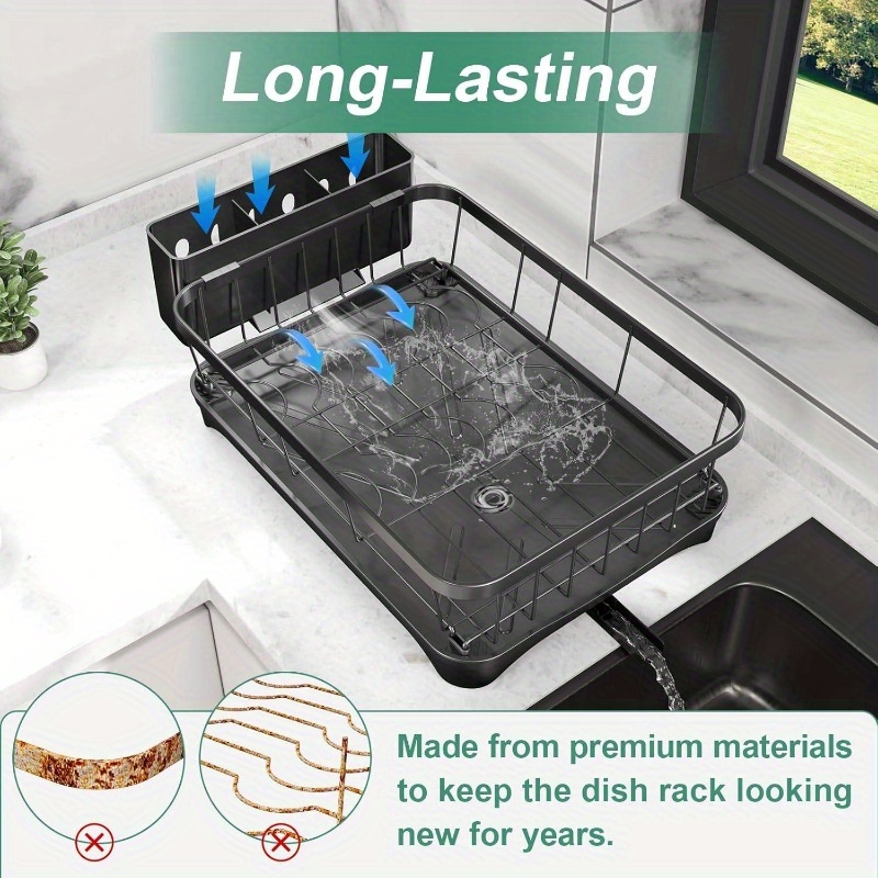 large capacity single tier dish drying rack with utensil holder & cutlery tray - space-saving countertop organizer,   kitchen counter dish drainer for plates, bowls, cups, utensils -   for small kitchens, dish drying rack for kitchen counter, utensil storage, modern kitchenware, sturdy construction, home cooks, food safety, small spaces, families, cooking enthusiasts Product details 3