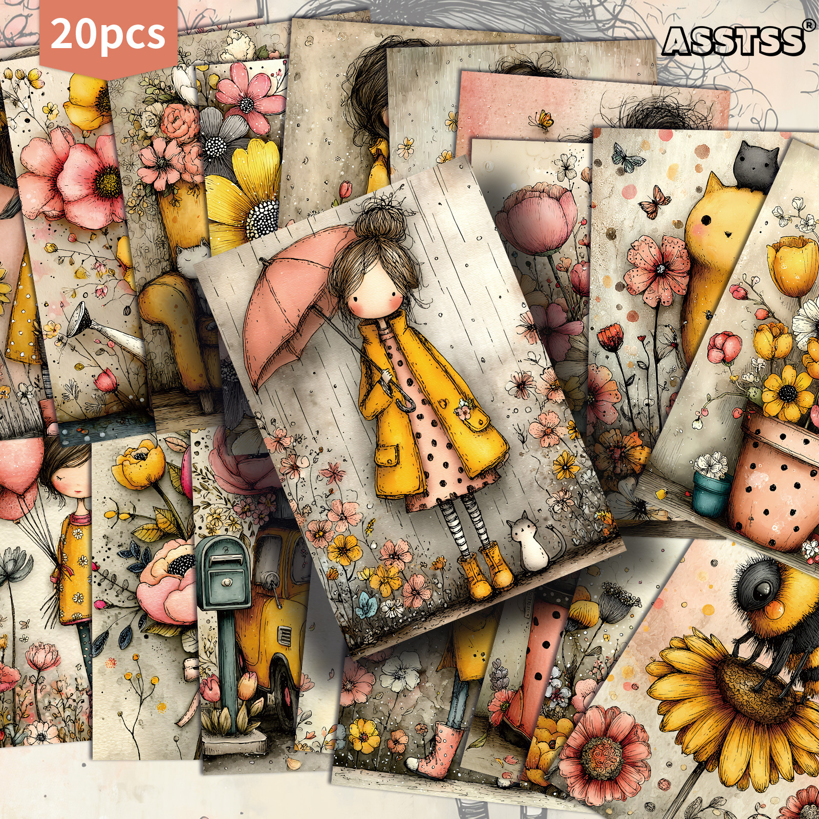 TEMU 20-pack Asstss Retro Pinup & Flower Cards - Vintage Junk Journal Paper With Classic 4x6 Collectible Illustrations Suitable For Scrapbooking,