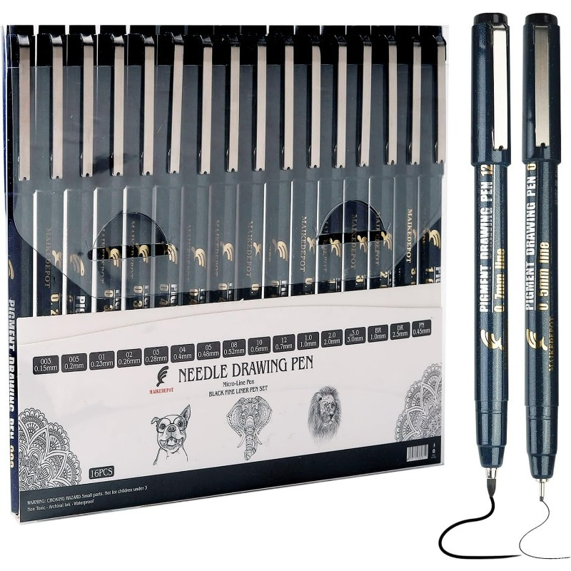 

Set Of 16 Waterproof Black Ink Pens Designed For Micro Fineliner Drawing And Calligraphy, Ideal For Artists' Sketching And Technical Illustrations.