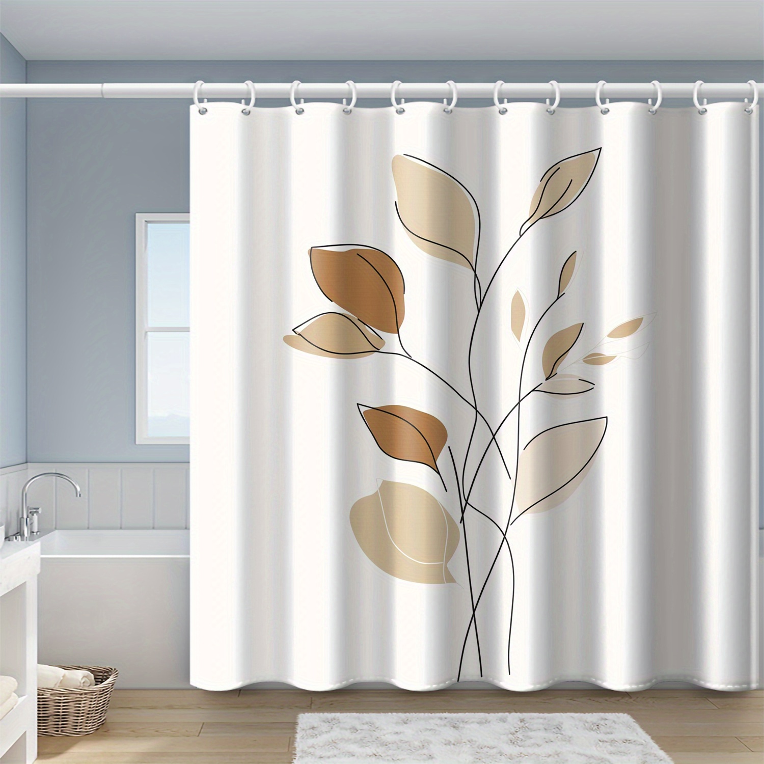 TEMU 1pc Nordic Style Minimalist Leaf Print Shower Curtain, A Cozy Bathroom Corner With Plastic Hooks Suitable For Home And Hotel Machine Washable