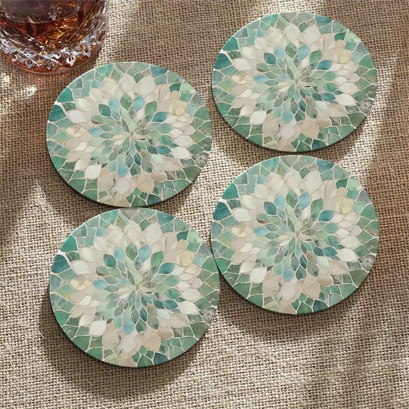 TEMU 2d Flat Surface, 4 Round Wooden Coasters - Green Gradient Leaf Pattern, Heat-resistant And Stylish, Suitable For Restaurants And Kitchens, Hand