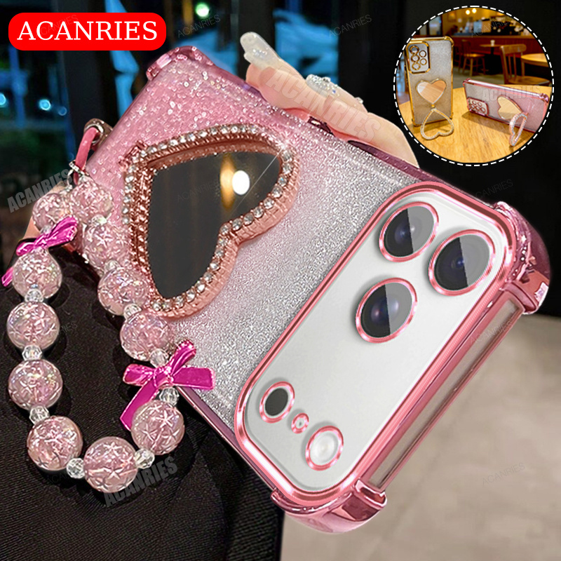 TEMU Phone Case - Acanries Bling Heart Kickstand Luxury Star Bead Wrist Strap Lanyard For Women Girls Plated Gradient Glitter Shockproof Phone Case