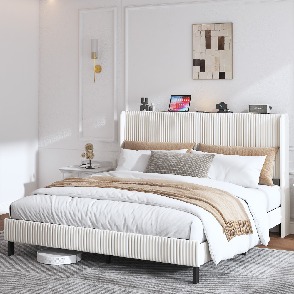 TEMU Double Bed, 180x200 Upholstered Platform Bed With Fabric Headboard, Design/ Non-slip, Silent/ Metal Slats/ Spray Adhesive, Bedroom Furniture,