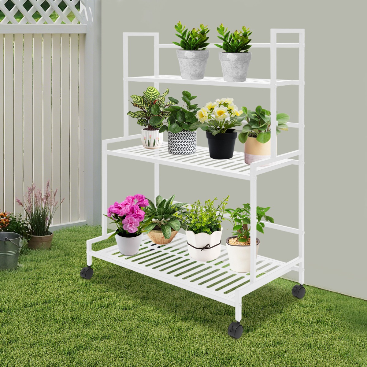 White Iron 3-tier Trapezoidal Plant Stand With 4 Lockable Universal Wheels, Hollow Shelves And , 100lbs Total Load Capacity, Modern Freestanding Flower Rack For Balcony Flower Shop