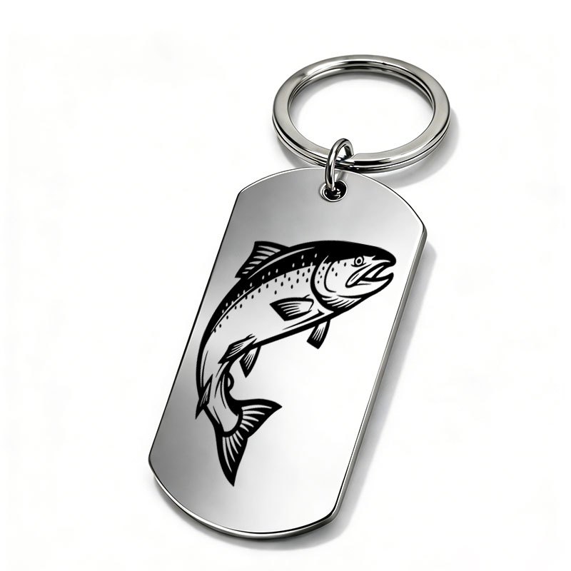TEMU 1pc Metal Laser-engraved Salmon Keychain Suitable For Fishing Gifts, Laser-engraved Fish Line Art Keyring For , Commemorative Outdoor Fishing
