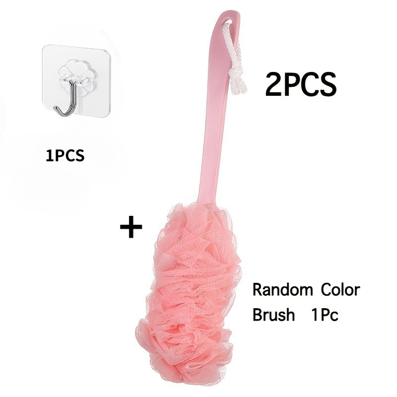 TEMU 2pcs Set [1 Bath Brush And 1 Hook] Back Cleaning Brush, Long Handle Bath Brush, Soft Mesh Sponge For Back Body Cleaning, Unisex Bathroom Shower