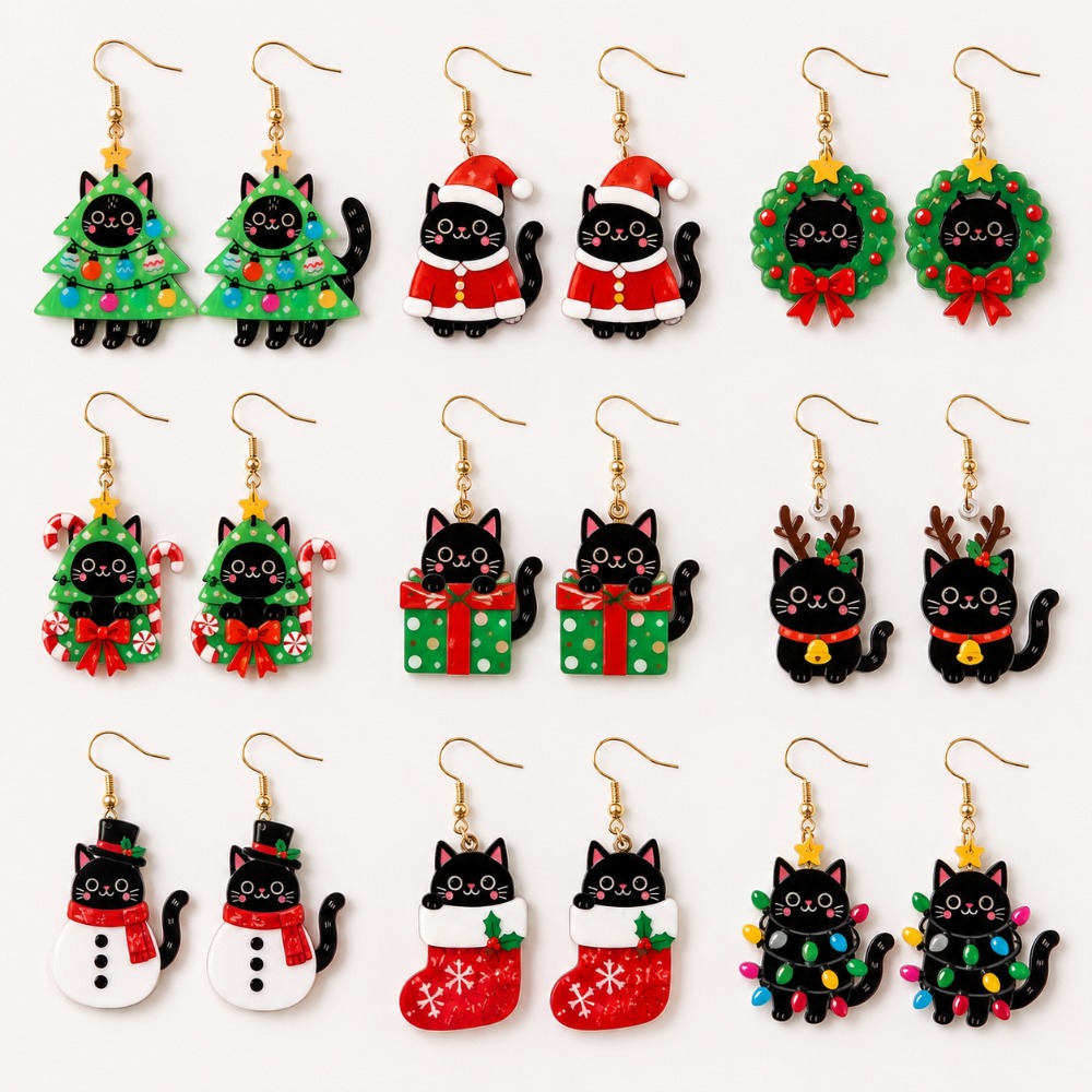 TEMU 2d Flat 18pcs/9 Pairs Cute Fun Acrylic Drop Earrings Women's Crocodile And Kitten Design Dangle Earrings Ear Jewelry Versatile Jewelry Christmas