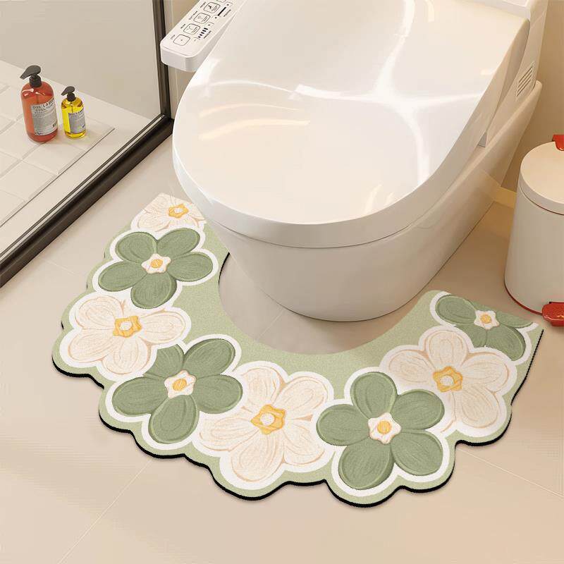 TEMU 1pc Stylish And Minimalist Floral Geometric Pattern Floor Mat, U-shaped Design, Made Of Diatomite Material, Suitable For Bathroom, Toilet, And