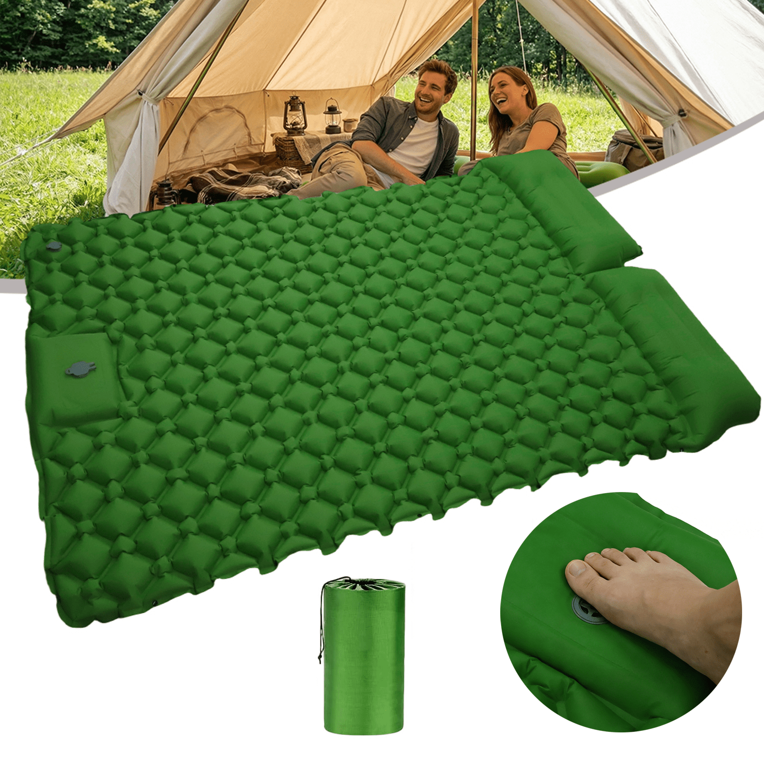 Image of 2 Person Self-inflating Camping Sleeping Pad, 190x120x5cm Thick Camping Inflatable Sleeping Pad With Built-in Pillow And Foot Pump For Tent Backpacking Travel