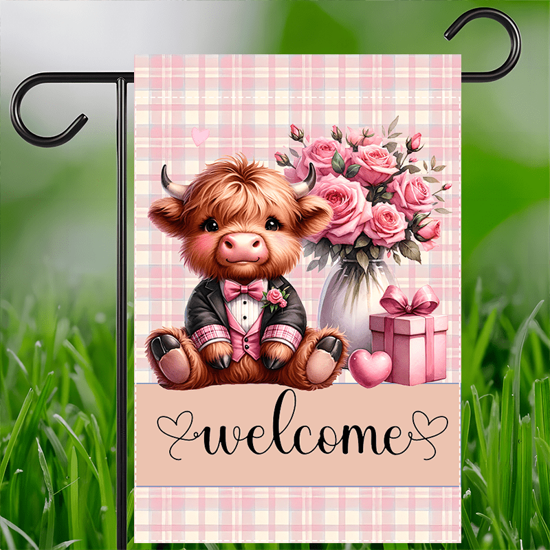 

1pc Highland Cow & Roses Flag - Double-sided, Waterproof Polyester, 12x18inch, Outdoor Decor, No Electricity Needed, Burlap, Valentine's Day Themed