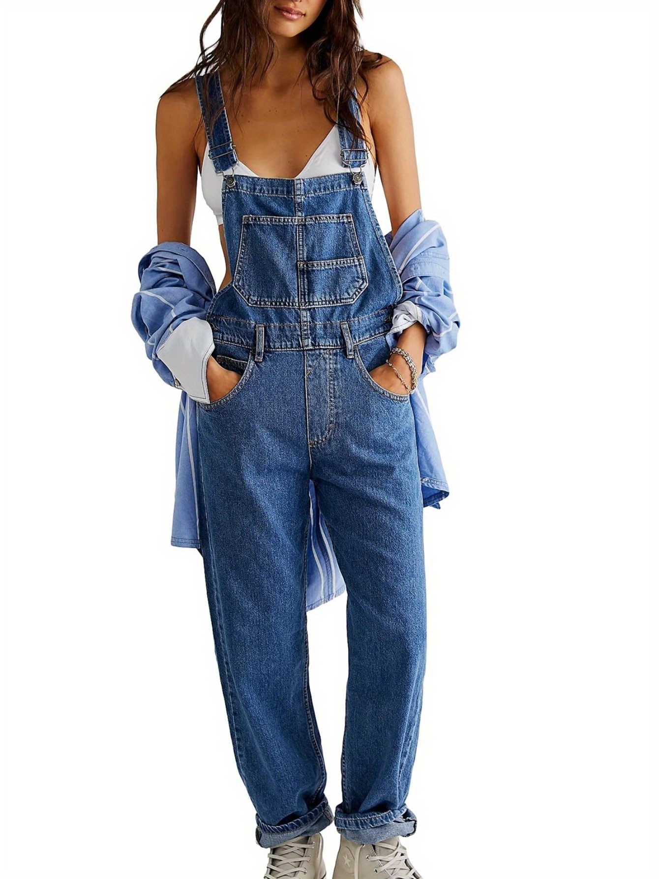 1pc womens loose fit denim bib overalls jumpsuit straight wide leg baggy jean style with pockets machine washable casual spring summer fall outfit sizes s xxl