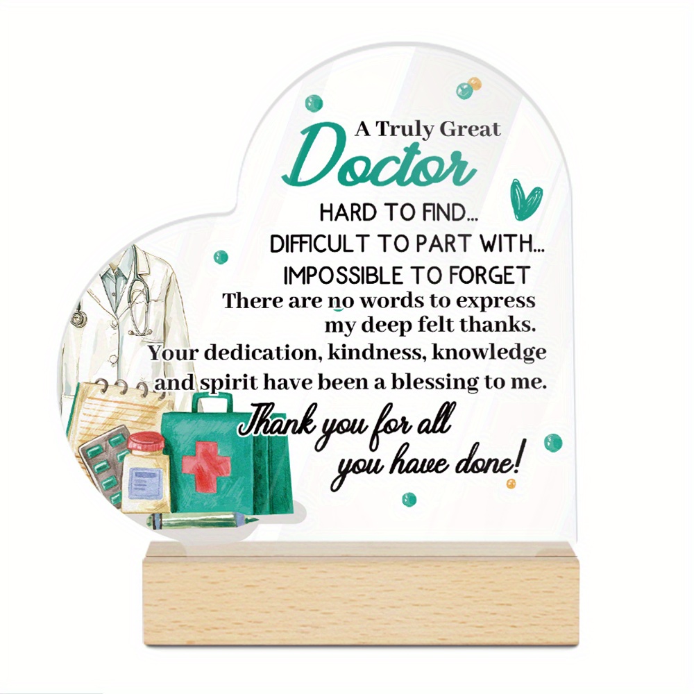 TEMU 2d Flat, 1pc Putuo Decor Heart-shaped Acrylic Doctor Appreciation Sign With Wooden Base - "a Great Doctor" Inspirational Message, Multicolored